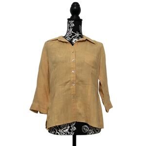 Edward Button Up Shirt Blouse 100% Linen 3/4 Sleeves Peach Light Orange Medium